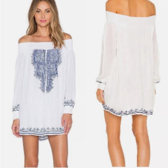 Tularosa Revolve Embroidered Blue Off Shoulder Mini Dress Size XS Boho Cottage‎ - Picture 1 of 7